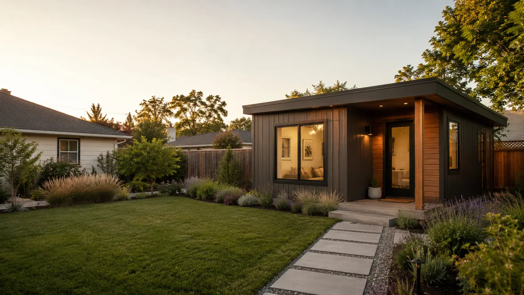 A completed 1 bedroom prefab ADU in a residential backyard at dusk, 2026