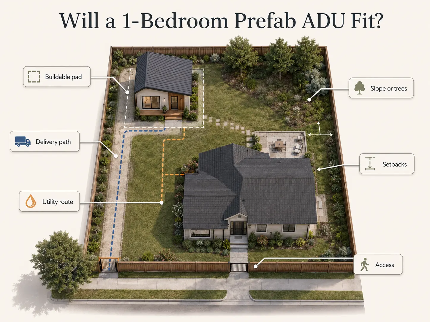 Site plan diagram showing lot fit requirements for a 1 bedroom prefab ADU, including setbacks, utility runs, and crane access path