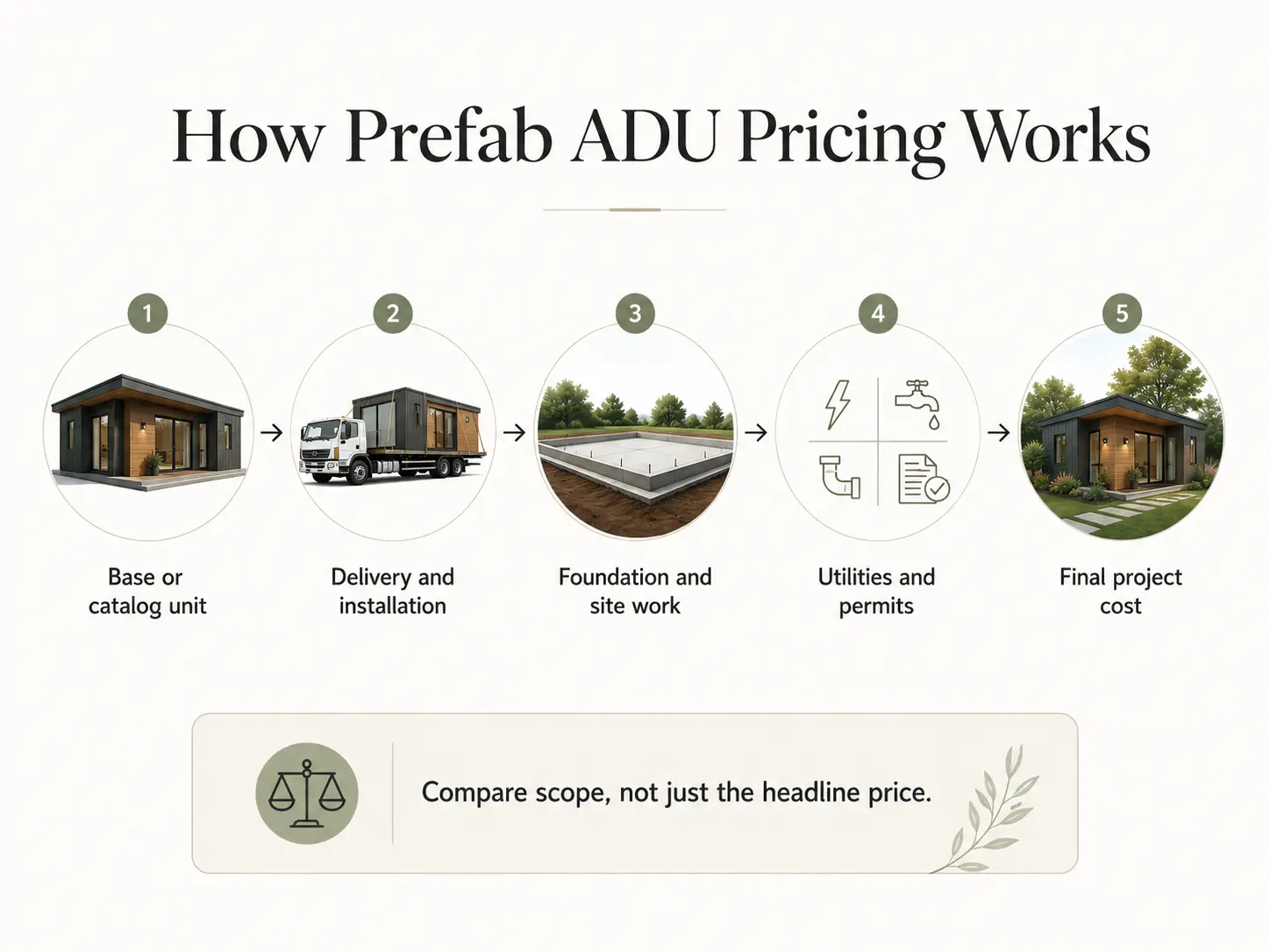 How 1 bedroom prefab ADU pricing works: base, starting, typical installed, and all-inclusive price types explained