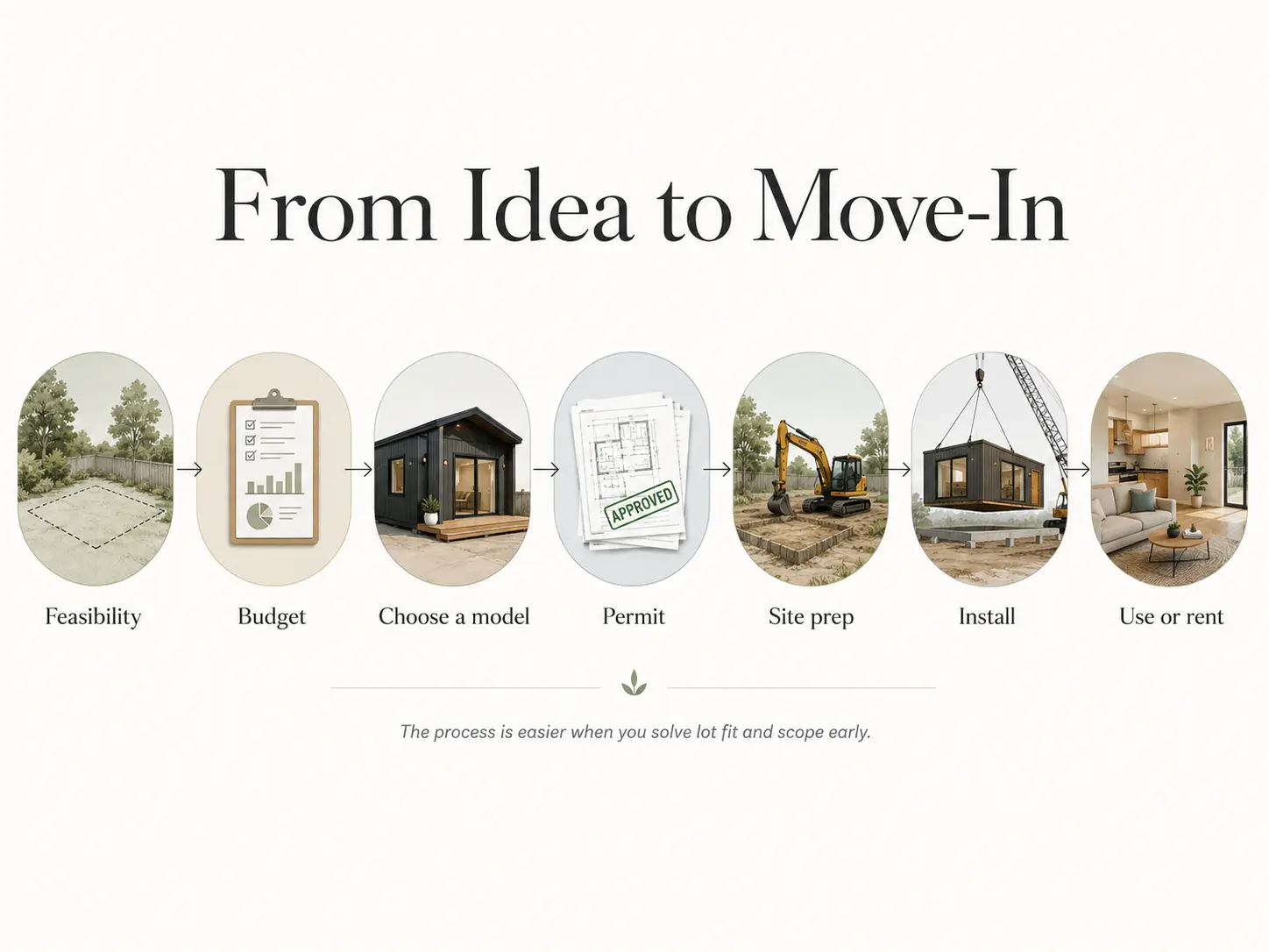 Timeline from idea to move-in for a 1 bedroom prefab ADU build, showing parallel factory and site prep phases