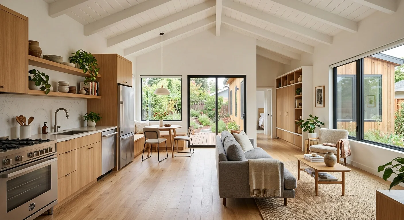 Interior of a 2 bedroom prefab ADU showing open-plan kitchen and living area with vaulted ceiling, wood cabinetry, large windows, and sliding glass doors to backyard