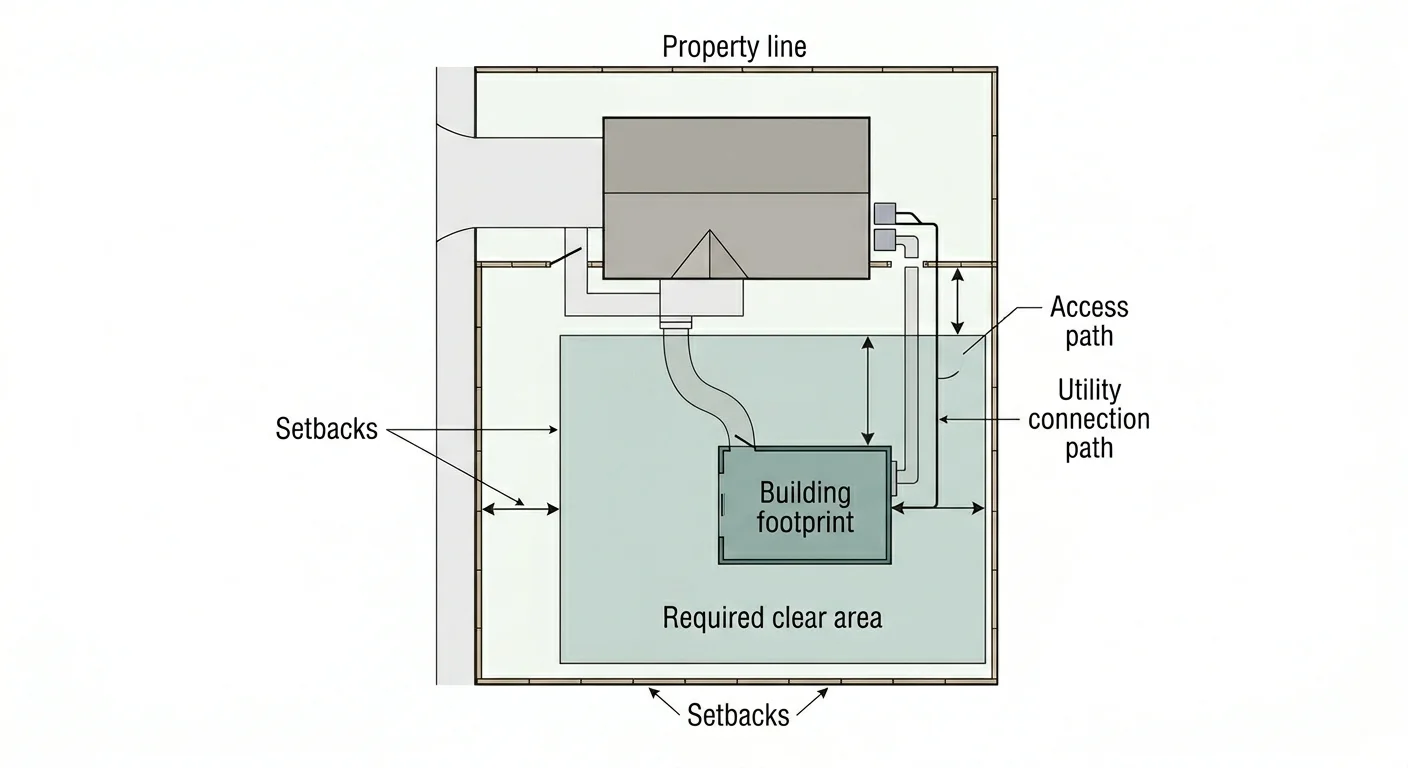 Diagram showing the difference between a prefab ADU building footprint and required clear yard area, including setbacks, access path, and utility connection path