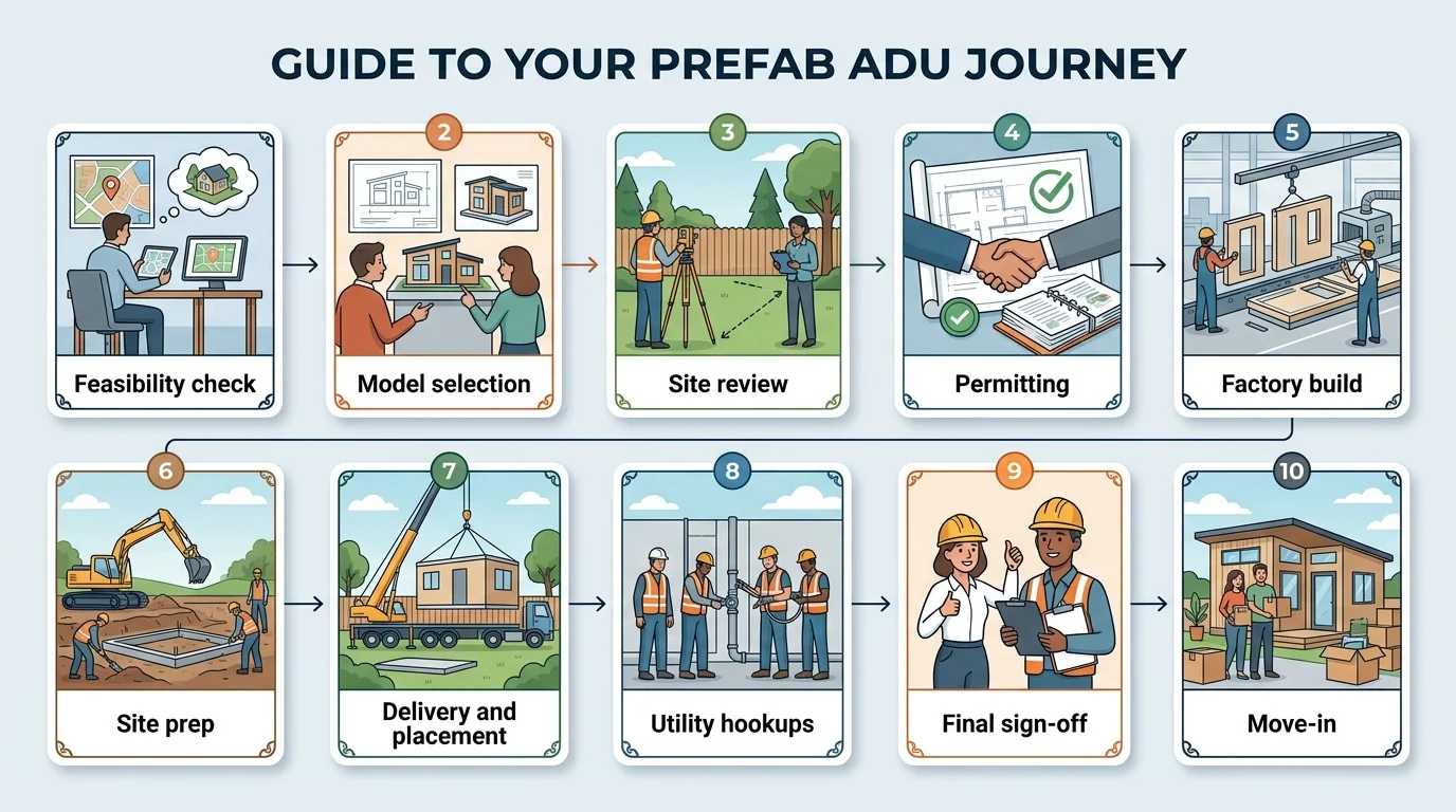 Step-by-step infographic of the prefab ADU journey: feasibility check, model selection, site review, permitting, factory build, site prep, delivery and placement, utility hookups, final sign-off, and move-in