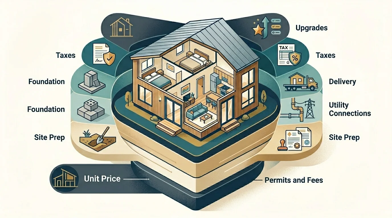 Infographic showing all cost layers in a 2 bedroom prefab ADU project: unit price, foundation, site prep, delivery, utility connections, permits and fees, taxes, and upgrades