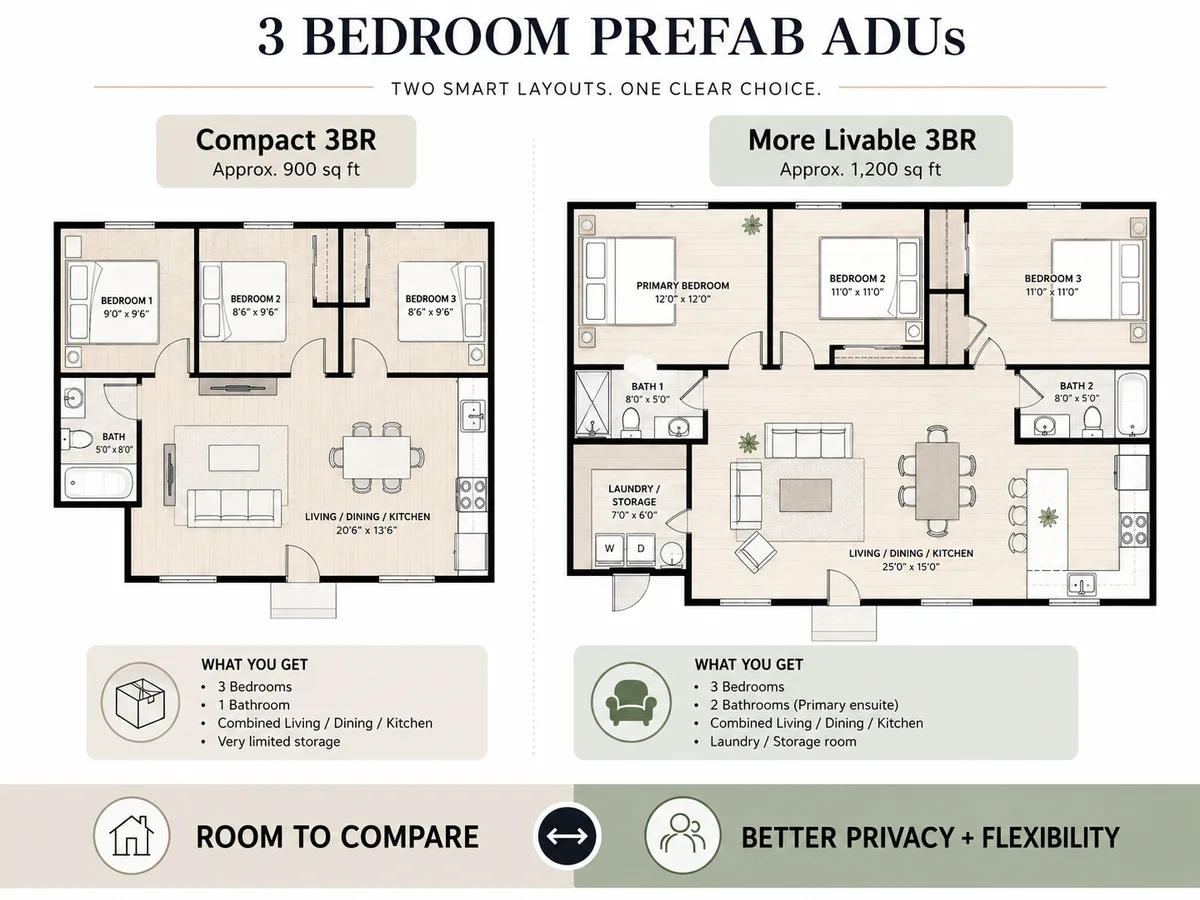 3 bedroom prefab ADU floor plan comparison 900 vs 1200 square feet