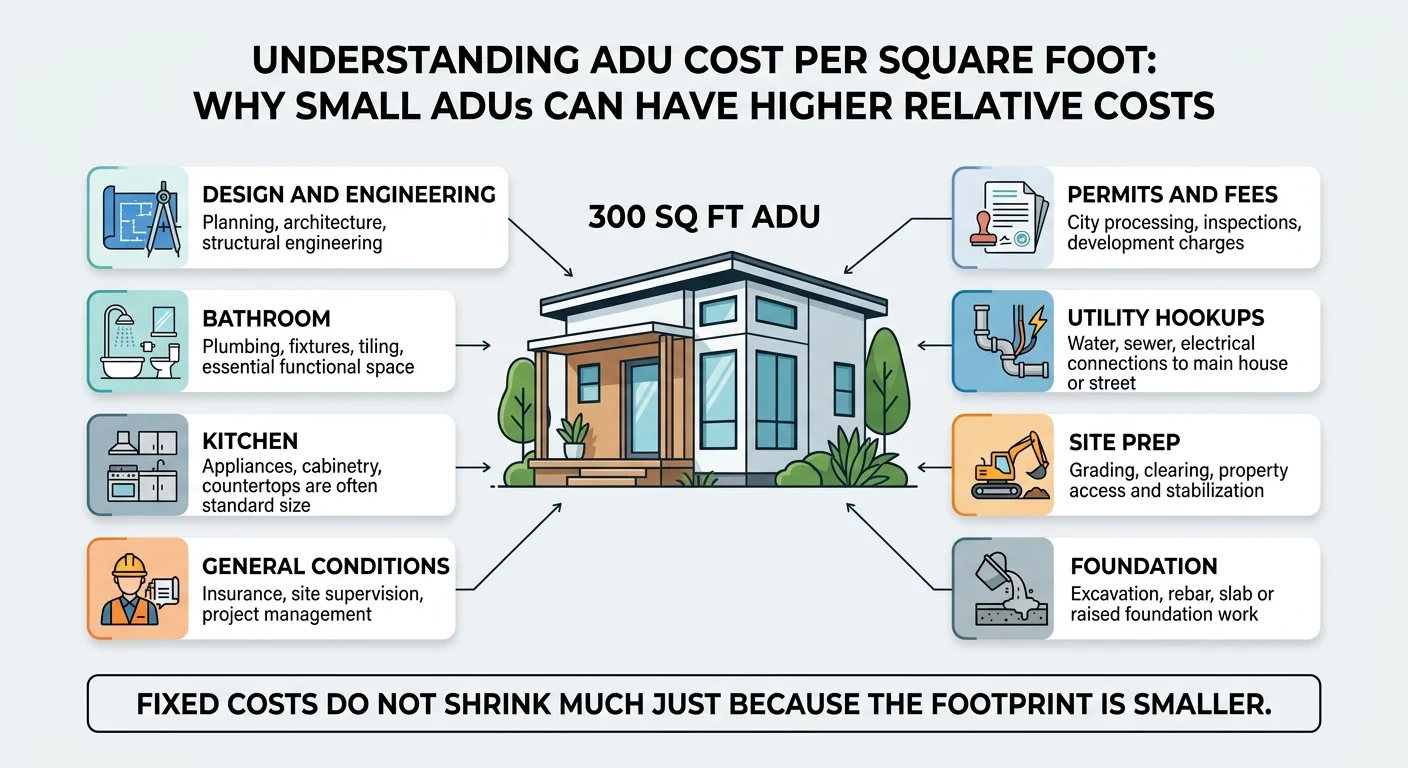 Infographic: Understanding ADU Cost Per Square Foot — Why Small ADUs Can Have Higher Relative Costs. A 300 sq ft ADU surrounded by 8 fixed cost categories: Design and Engineering (planning, architecture, structural engineering), Permits and Fees (city processing, inspections, development charges), Bathroom (plumbing, fixtures, tiling, essential functional space), Utility Hookups (water, sewer, electrical connections to main house or street), Kitchen (appliances, cabinetry, countertops are often standard size), Site Prep (grading, clearing, property access and stabilization), General Conditions (insurance, site supervision, project management), Foundation (excavation, rebar, slab or raised foundation work). Key takeaway: Fixed costs do not shrink much just because the footprint is smaller.