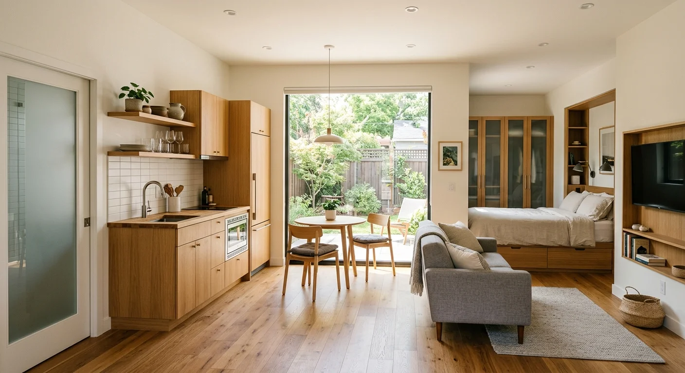 Interior of a finished 300 sq ft backyard ADU studio — warm oak kitchen cabinets with open shelving, white subway tile backsplash, compact single-basin sink, glass sliding door to private backyard patio, round dining table for two, gray sectional sofa, platform bed against the wall, and built-in wardrobe. Demonstrates full livability in a compact open-plan 300 sq ft layout.