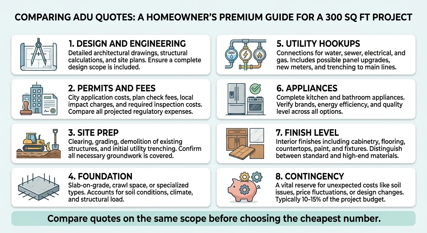 Infographic: Comparing ADU Quotes — A Homeowner's Premium Guide for a 300 Sq Ft Project. Eight items to verify in every quote: 1. Design and Engineering (detailed architectural drawings, structural calculations, site plans), 2. Permits and Fees (city application costs, plan check fees, local impact charges, required inspection costs), 3. Site Prep (clearing, grading, demolition of existing structures, initial utility trenching), 4. Foundation (slab-on-grade, crawl space, or specialized types accounting for soil conditions, climate, structural load), 5. Utility Hookups (connections for water, sewer, electrical, gas — includes possible panel upgrades, new meters, and trenching to main lines), 6. Appliances (complete kitchen and bathroom appliances — verify brands, energy efficiency, and quality level), 7. Finish Level (interior finishes including cabinetry, flooring, countertops, paint and fixtures — distinguish between standard and high-end materials), 8. Contingency (vital reserve for unexpected costs like soil issues, price fluctuations, or design changes — typically 10–15% of the project budget). Bottom line: Compare quotes on the same scope before choosing the cheapest number.