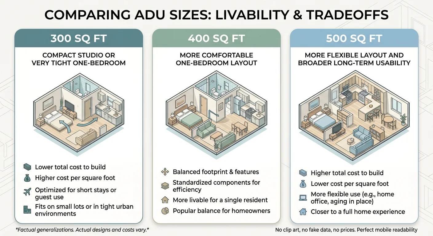 Infographic comparing ADU sizes: Livability and Tradeoffs. 300 Sq Ft ADU (teal card) — compact studio or very tight one-bedroom: lower total cost to build, higher cost per square foot, optimized for short stays or guest use, fits on small lots or in tight urban environments. 400 Sq Ft ADU (gray card) — more comfortable one-bedroom layout: balanced footprint and features, standardized components for efficiency, more livable for a single resident, popular balance for homeowners. 500 Sq Ft ADU (green card) — more flexible layout and broader long-term usability: higher total cost to build, lower cost per square foot, more flexible use (e.g., home office, aging in place), closer to a full home experience. Factual generalizations — actual designs and costs vary.