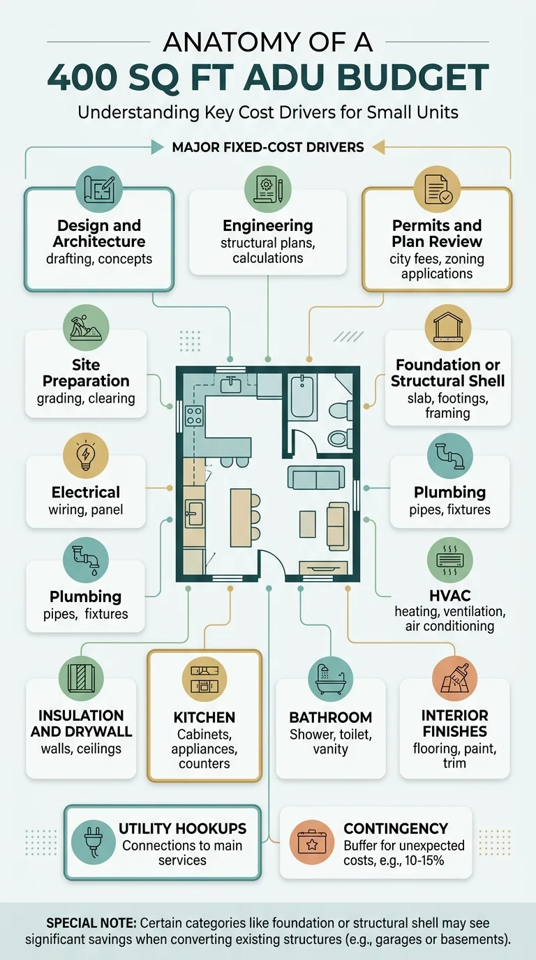 Infographic: Anatomy of a 400 Sq Ft ADU Budget — Understanding Key Cost Drivers for Small Units. Central 400 sq ft floor plan diagram surrounded by 12 fixed-cost drivers: Design and Architecture (drafting, concepts), Engineering (structural plans, calculations), Permits and Plan Review (city fees, zoning applications), Site Preparation (grading, clearing), Foundation or Structural Shell (slab, footings, framing), Electrical (wiring, panel), Plumbing (pipes, fixtures), HVAC (heating, ventilation, air conditioning), Insulation and Drywall (walls, ceilings), Kitchen (cabinets, appliances, counters), Bathroom (shower, toilet, vanity), Interior Finishes (flooring, paint, trim), Utility Hookups (connections to main services), Contingency (buffer for unexpected costs 10-15%). Special note: Certain categories like foundation or structural shell may see significant savings when converting existing structures such as garages or basements.