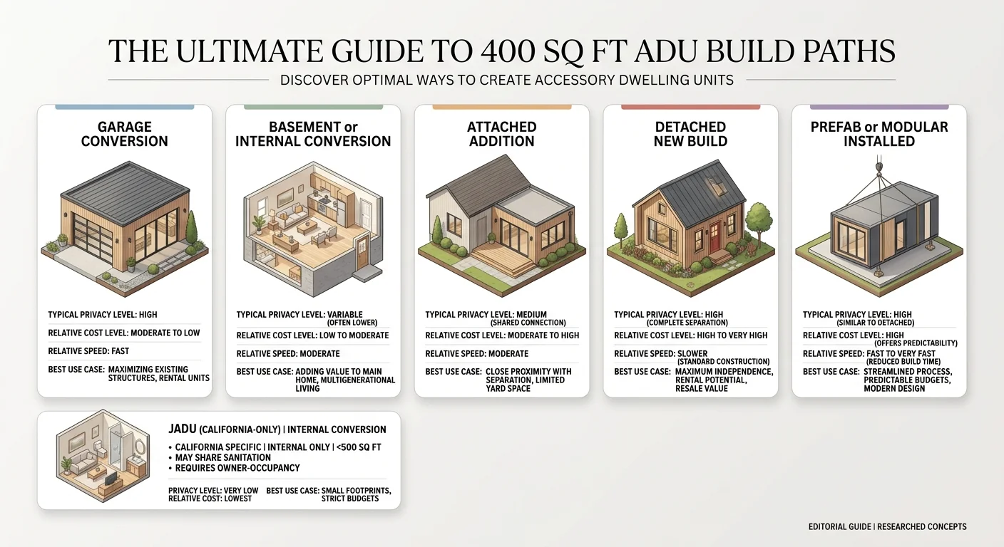 Infographic: The Ultimate Guide to 400 Sq Ft ADU Build Paths. Five build paths compared: Garage Conversion (typical privacy level: high, relative cost: moderate to low, relative speed: fast, best use case: maximizing existing structures, rental units), Basement or Internal Conversion (typical privacy level: variable, often lower, relative cost: low to moderate, relative speed: moderate, best use case: adding value to main home, multigenerational living), Attached Addition (typical privacy level: medium, shared connection, relative cost: moderate to high, relative speed: moderate, best use case: close proximity with separation, limited yard space), Detached New Build (typical privacy level: high, complete separation, relative cost: high to very high, relative speed: slower standard construction, best use case: maximum independence, rental potential, resale value), Prefab or Modular Installed (typical privacy level: high, similar to detached, relative cost: high, offers predictability, relative speed: fast to very fast, reduced build time, best use case: streamlined process, predictable budgets, modern design). Inset: JADU California-only, internal conversion, California specific, internal only, under 500 sq ft, may share sanitation, requires owner-occupancy, privacy level very low, relative cost lowest, best use case: small footprints, strict budgets.