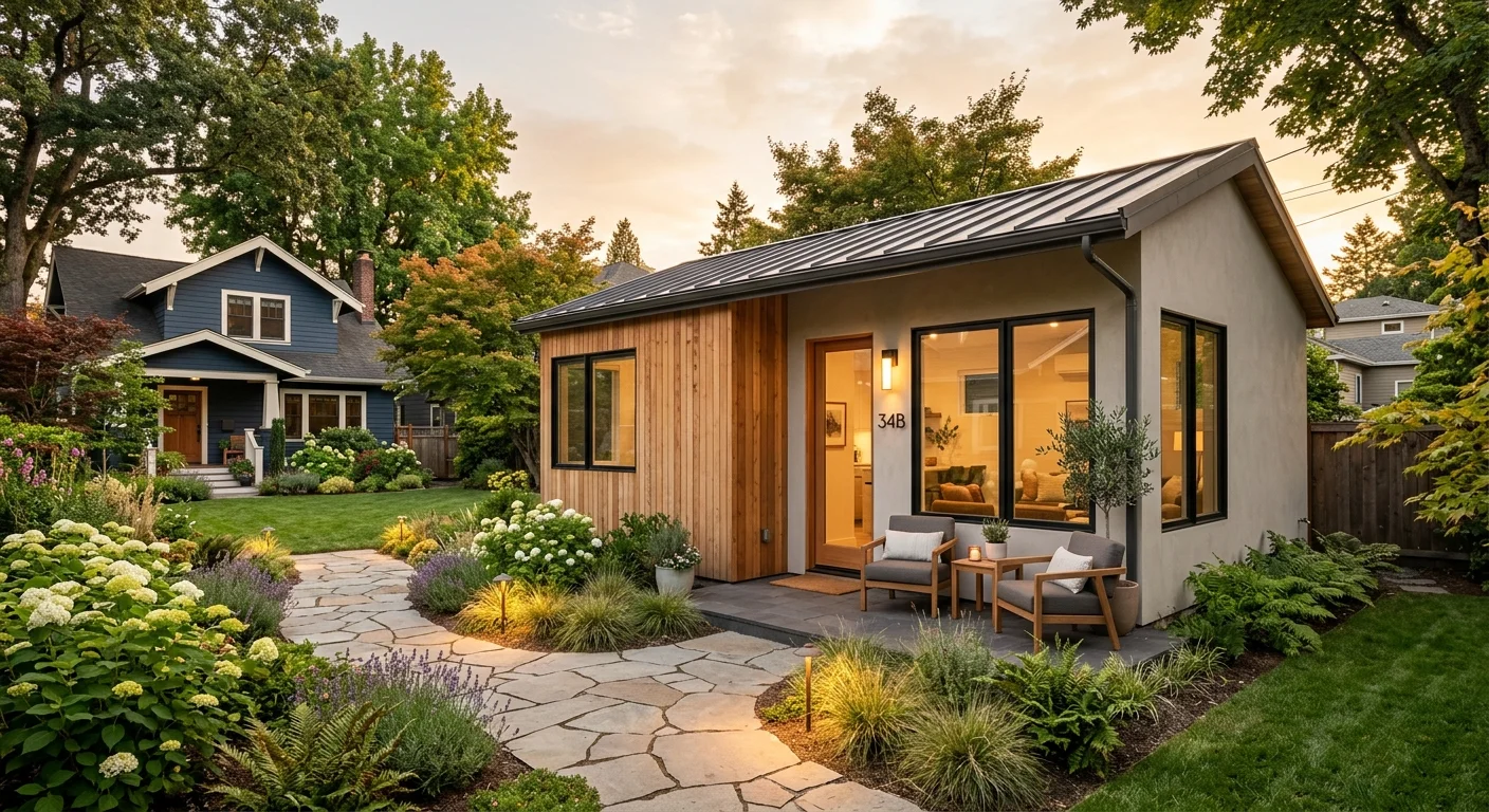 Completed 400 sq ft detached ADU exterior at golden hour — modern stucco and vertical cedar siding, large black-framed windows with warm interior glow visible, stone-paved pathway through lush landscaping with hydrangeas and ornamental grasses, two outdoor lounge chairs on the porch, address number 34B on the wall. Shows premium detached ADU construction at the high end of the $150K–$250K range.