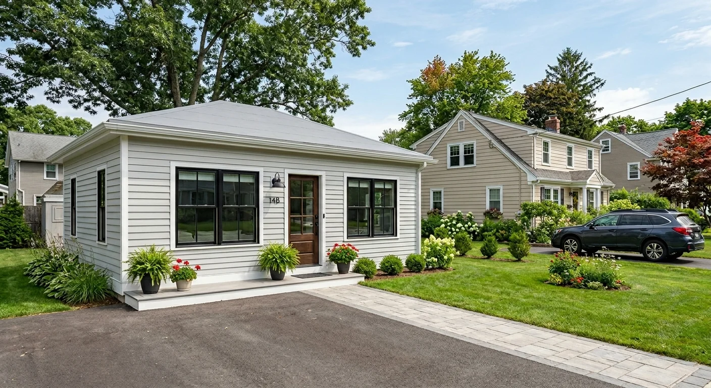 Exterior of a completed 400 sq ft detached ADU on a suburban residential lot — crisp white Hardie board siding, black-framed multi-pane windows, welcoming wood front door, black barn-style sconce light, freshly planted hedges and flowering plants along the foundation, driveway with brick-paver detail, mature trees in the background. Example of a traditional-style one-bedroom ADU at the $100K–$175K range in a mid-cost Northeast or Midwest market.