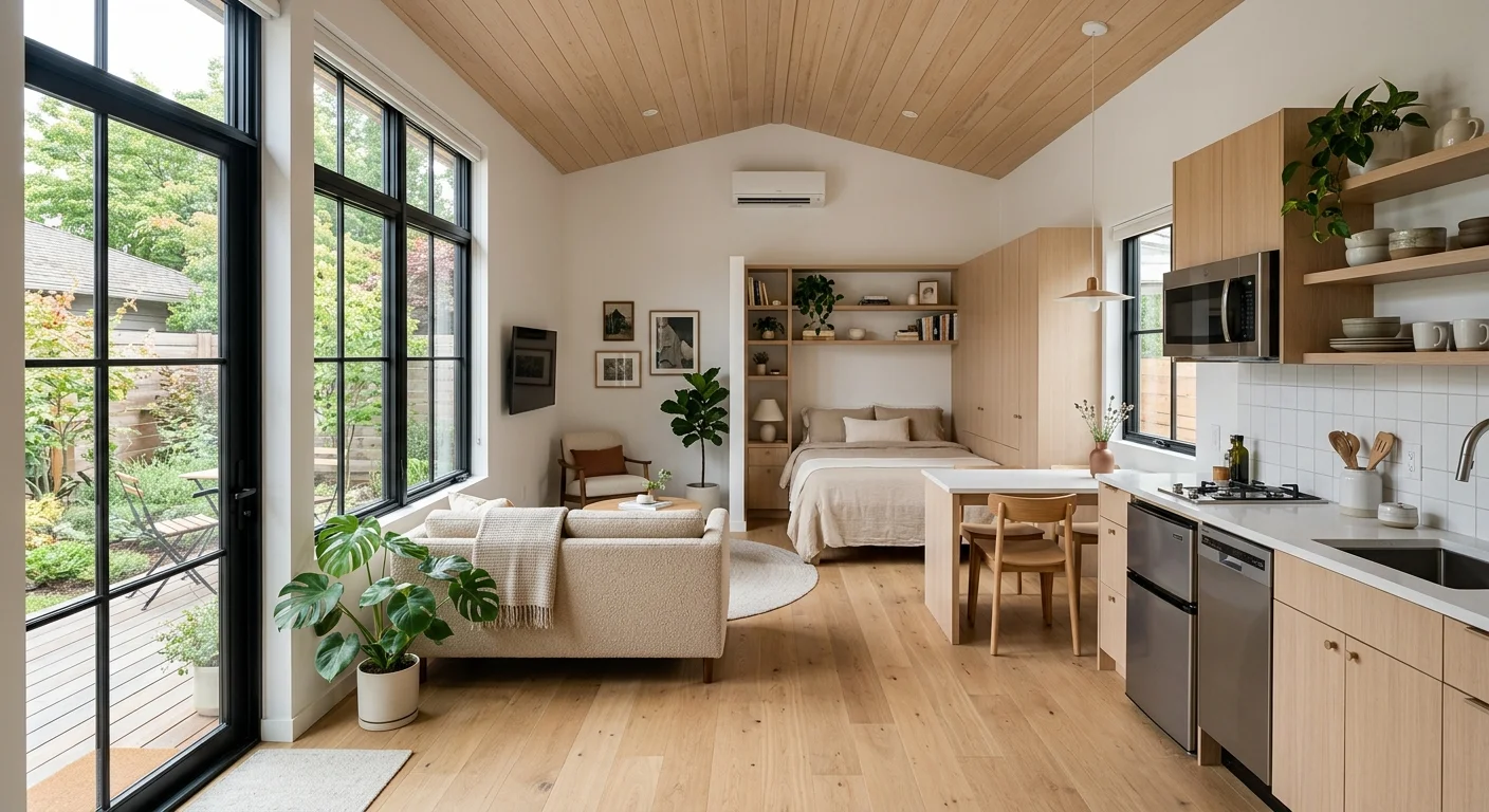 Interior of a finished 400 sq ft ADU one-bedroom layout — vaulted shiplap wood ceiling, black-framed floor-to-ceiling windows flooding the space with natural light, white walls, wide-plank light oak hardwood floors, mini-split HVAC unit on the wall, open-plan living area with cream boucle sofa and round coffee table, built-in bookshelf nook and full bed visible in the sleeping zone, full kitchen with light oak cabinetry, white subway tile backsplash, stainless dishwasher, and pendant light over the sink. Lush green private garden visible through the glass. Demonstrates comfortable livability in a 400 sq ft one-bedroom open-plan ADU layout.