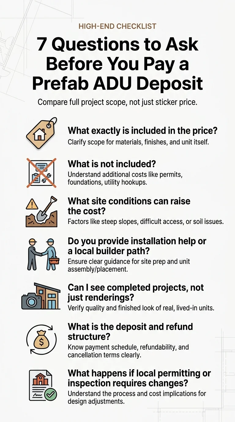 7 questions to ask before paying a prefab ADU deposit — high-end checklist infographic covering price inclusions, exclusions, site conditions, installation, completed projects, deposit structure, and permitting changes