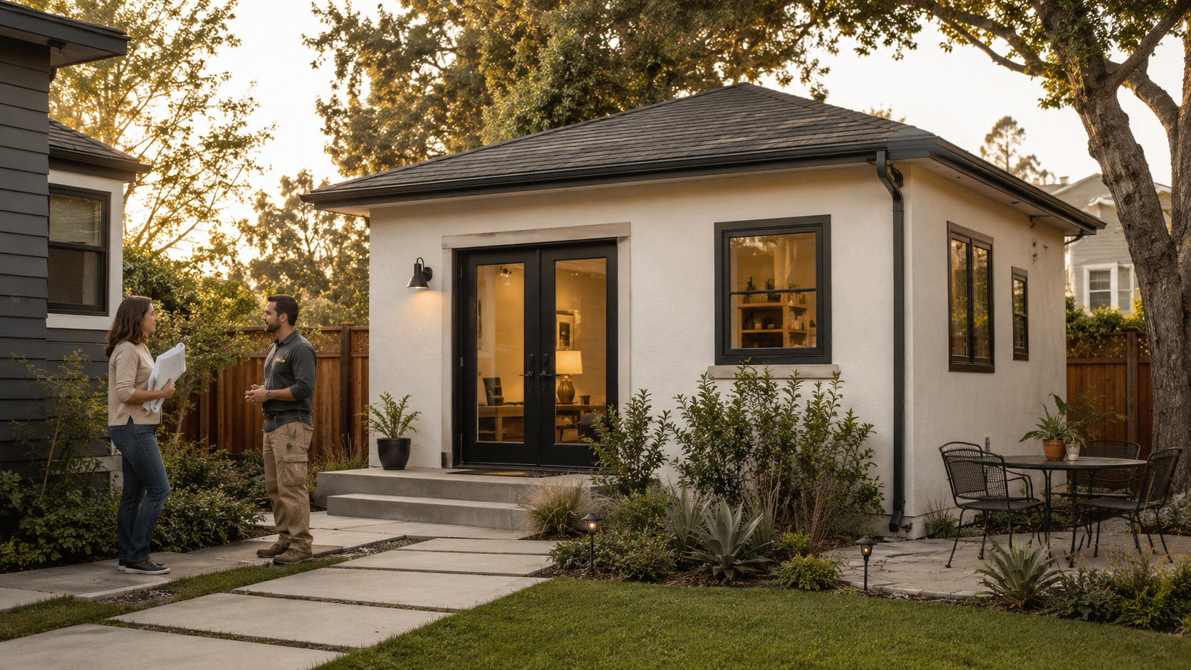 Couple reviewing ADU construction plans outside a completed detached backyard cottage at dusk — ADU construction loan guide for 2026.