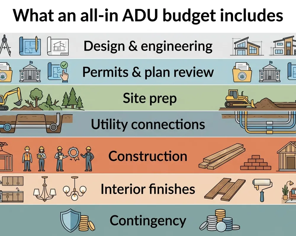 Infographic showing all the layers of an all-in ADU budget: design and engineering, permits and plan review, site prep, utility connections, construction, interior finishes, and contingency