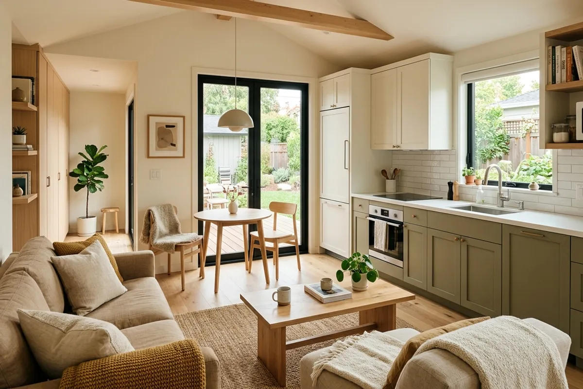 Well-designed ADU interior with open-plan kitchen and living area, light wood cabinetry, quartz countertops, and luxury vinyl plank flooring — example of rental-optimized mid-range finishes