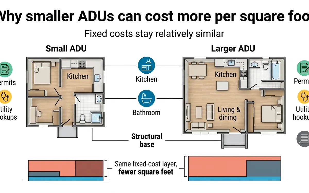 Infographic showing why smaller ADUs cost more per square foot — fixed costs like permits, utility hookups, kitchen, and bathroom stay the same regardless of ADU size, spreading over fewer square feet in a small unit