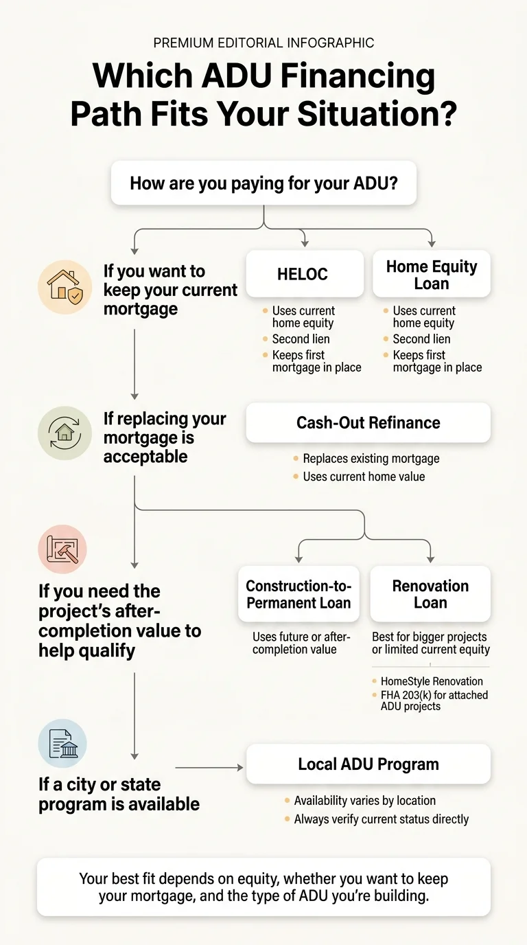 ADU financing decision tree infographic: choose between HELOC, home equity loan, cash-out refinance, construction loan, renovation loan, and local programs based on your equity and mortgage situation