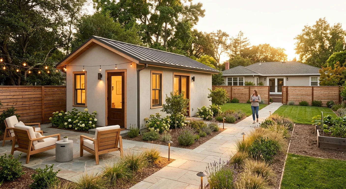 Detached ADU at evening with string lights and a lush landscaped yard — a completed ADU project representing the goal of successful ADU financing