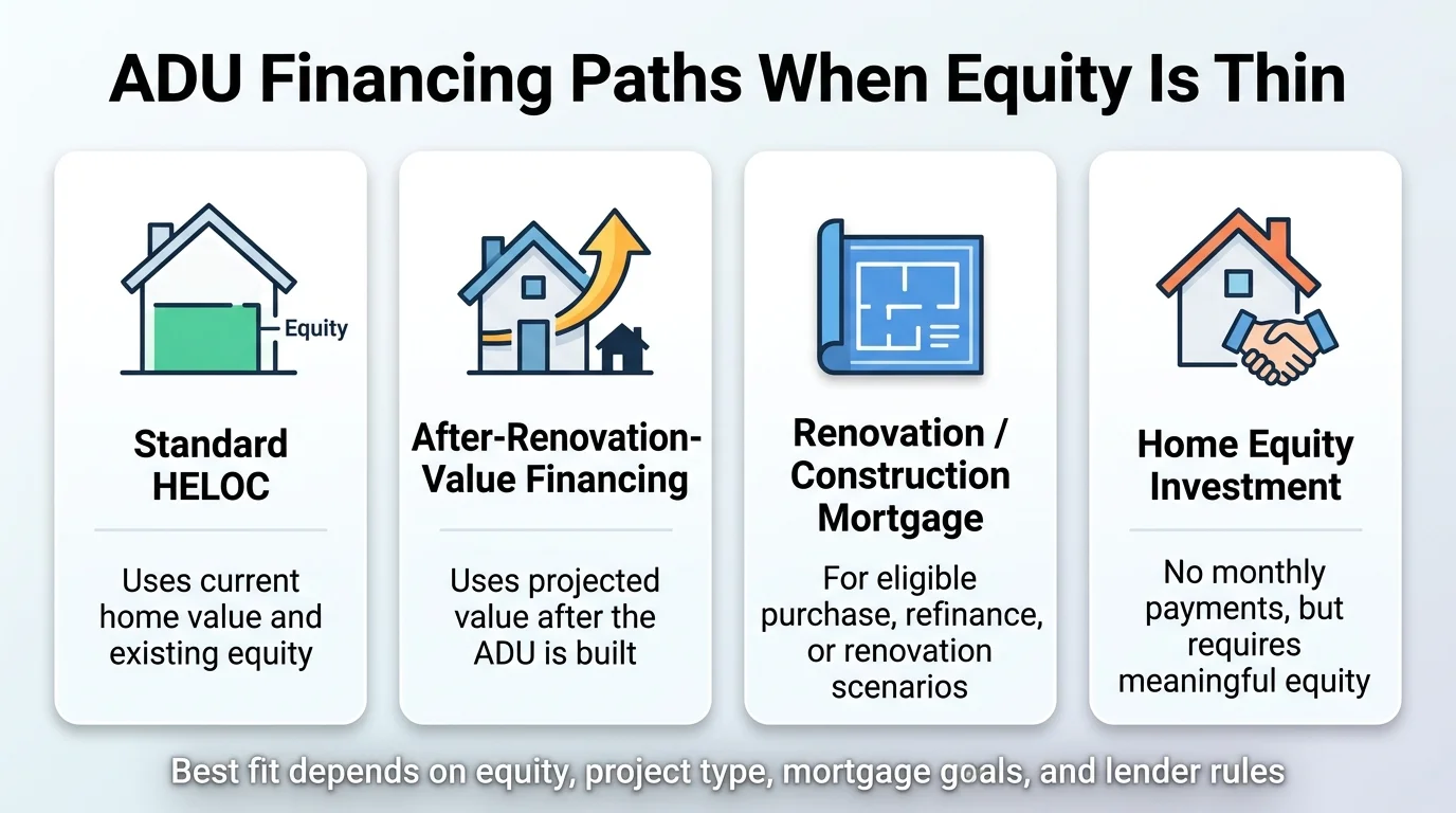 Infographic: ADU Financing Paths When Equity Is Thin. Four panels: Standard HELOC (uses current home value and existing equity), After-Renovation-Value Financing (uses projected value after the ADU is built), Renovation/Construction Mortgage (for eligible purchase, refinance, or renovation scenarios), and Home Equity Investment (no monthly payments but requires meaningful equity). Caption: Best fit depends on equity, project type, mortgage goals, and lender rules.