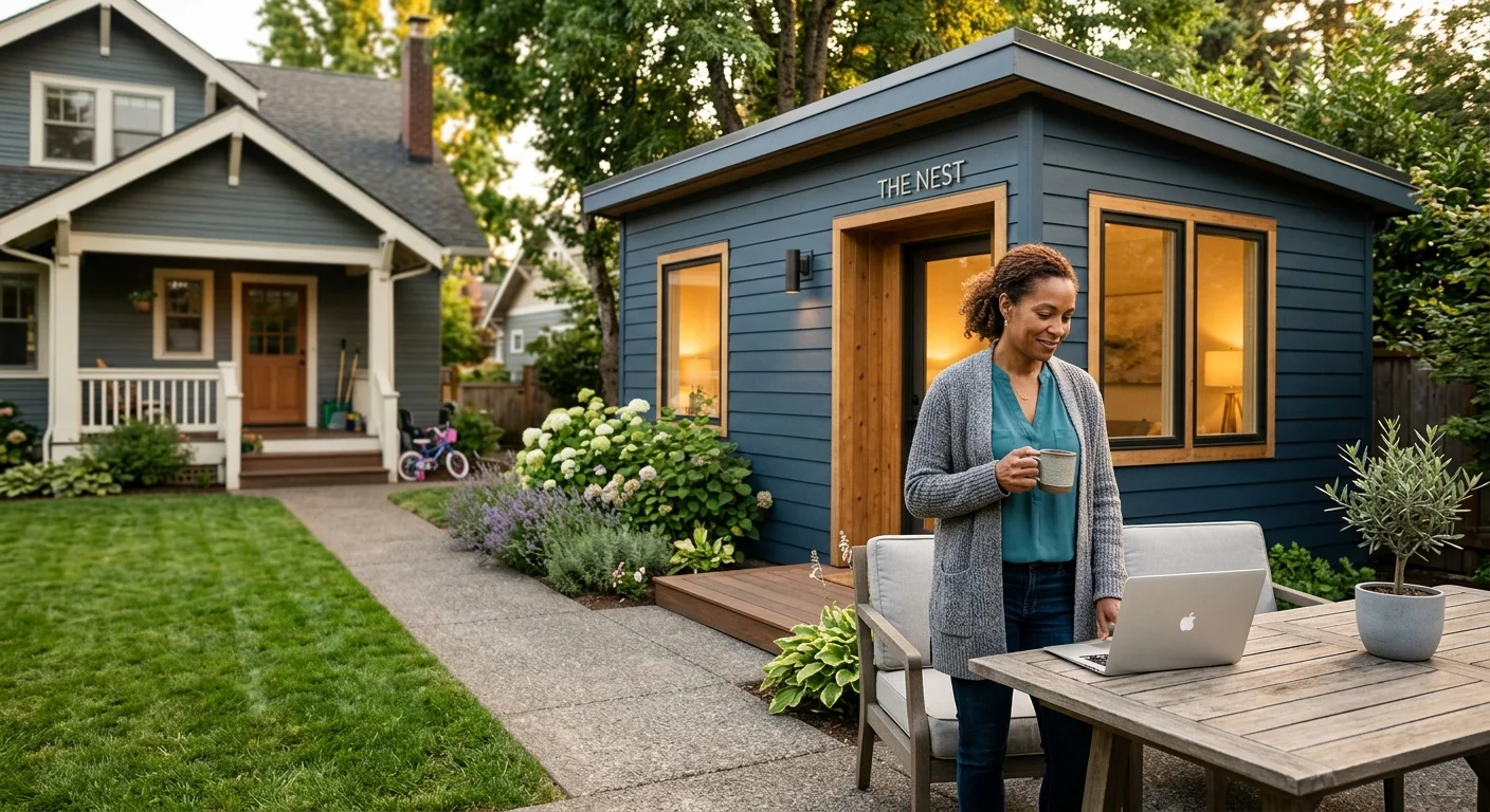 Woman with curly hair holding a coffee mug standing at a backyard patio table with a laptop, in front of a modern blue-sided ADU with cedar wood trim and warm interior lighting, with a craftsman-style main house and lush garden in the background