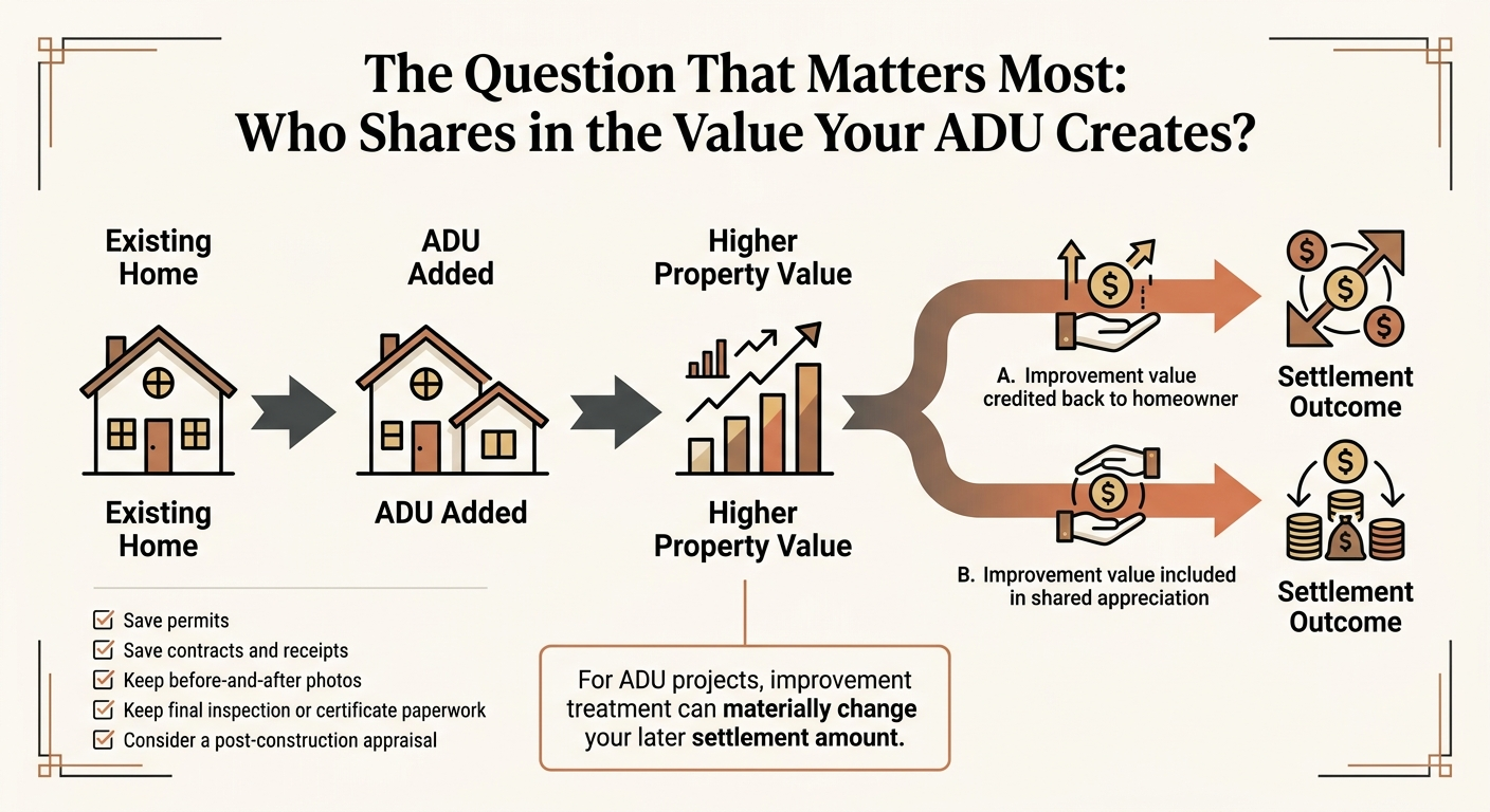 Infographic showing the two settlement outcomes depending on whether the HEI provider credits improvement value back to the homeowner or shares in ADU-created appreciation