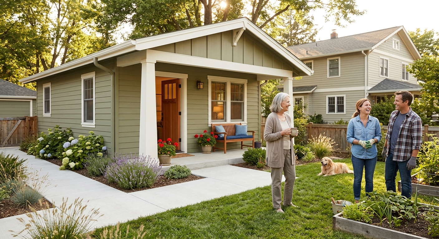 Multigenerational family \u2014 older mother with adult daughter and son-in-law and dog \u2014 gathered outside a craftsman backyard cottage ADU financed for aging parents