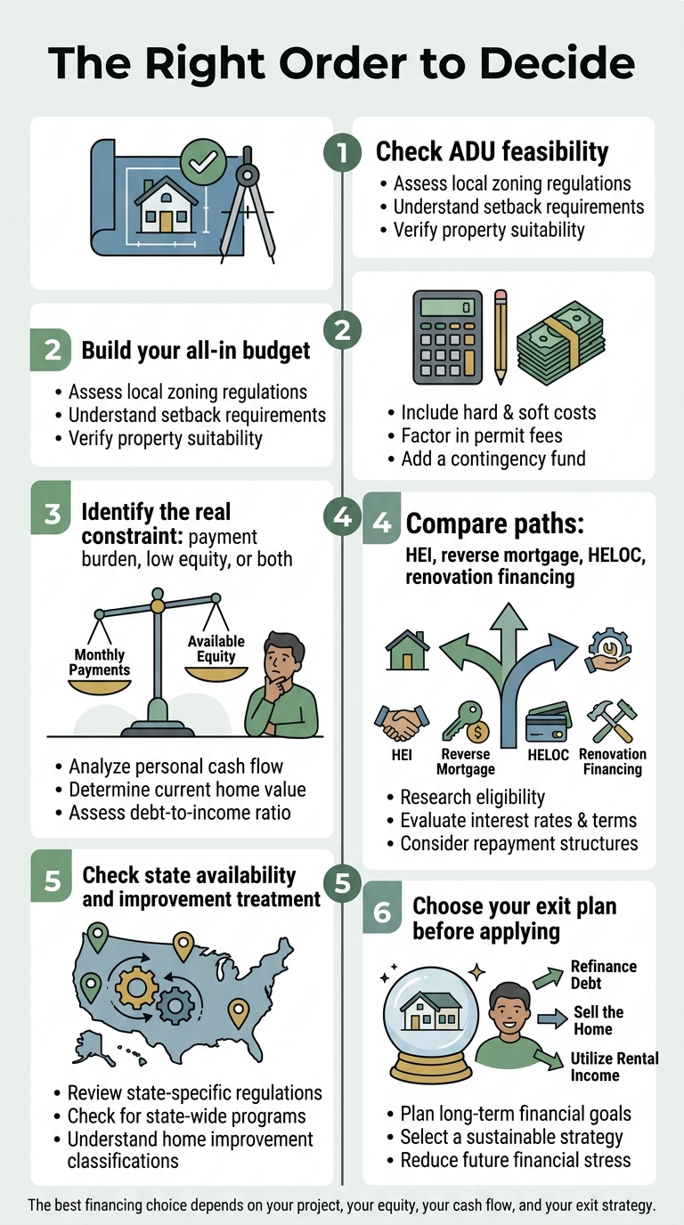 Six-step infographic showing the right order to make ADU financing decisions: feasibility, budget, constraint, compare paths, state availability, and exit strategy