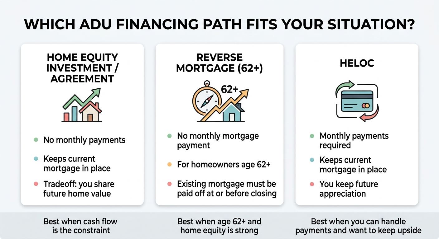 Infographic comparing which ADU financing path fits your situation: Home Equity Investment, Reverse Mortgage for 62+, and HELOC side by side