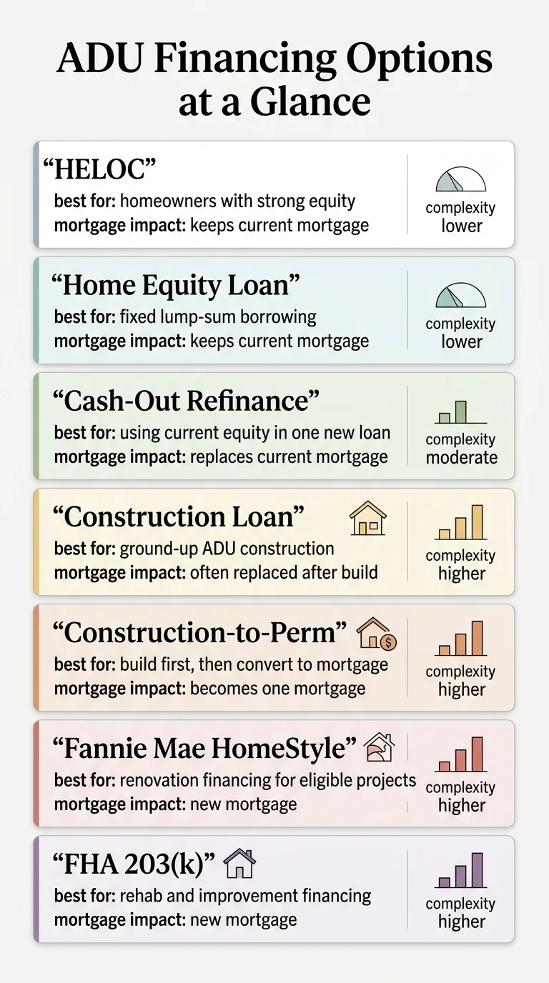 ADU Financing Options at a Glance infographic comparing HELOC, Home Equity Loan, Cash-Out Refinance, Construction Loan, Construction-to-Perm, Fannie Mae HomeStyle, and FHA 203k by complexity level and mortgage impact