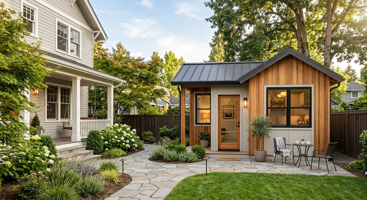 Small detached ADU with cedar siding and a stone pathway connecting to the main house — a common project type financed through a HELOC or home equity loan