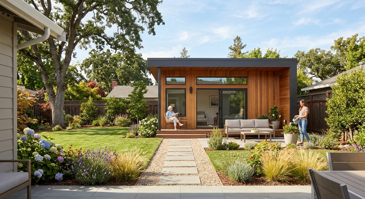 Multigenerational backyard ADU with cedar siding and large windows surrounded by a mature garden — common use case for ADU financing to house aging parents