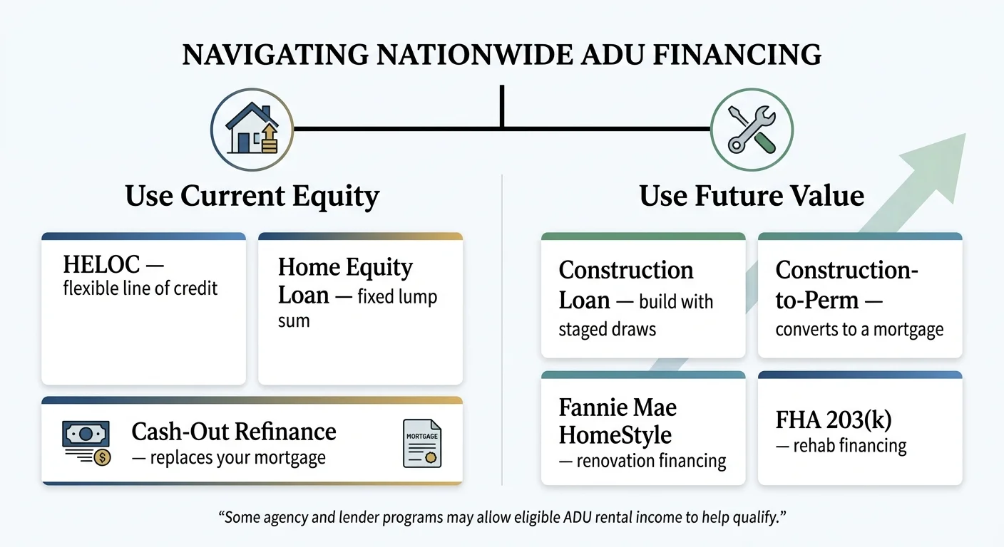 Infographic showing two branches of ADU financing: Use Current Equity (HELOC, Home Equity Loan, Cash-Out Refinance) vs Use Future Value (Construction Loan, Construction-to-Perm, Fannie Mae HomeStyle, FHA 203k)