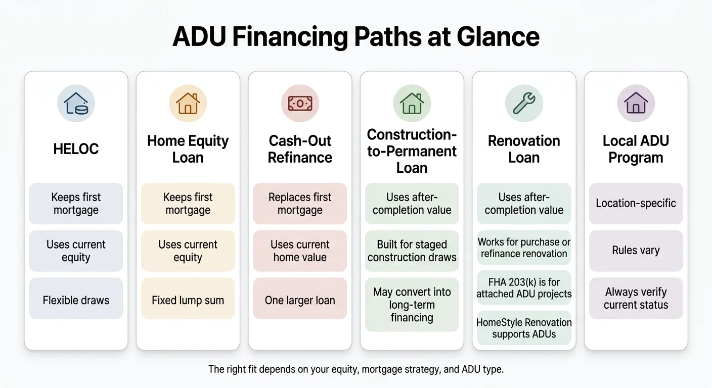 ADU financing paths at a glance: HELOC, Home Equity Loan, Cash-Out Refinance, Construction-to-Permanent Loan, Renovation Loan, and Local ADU Program compared side by side