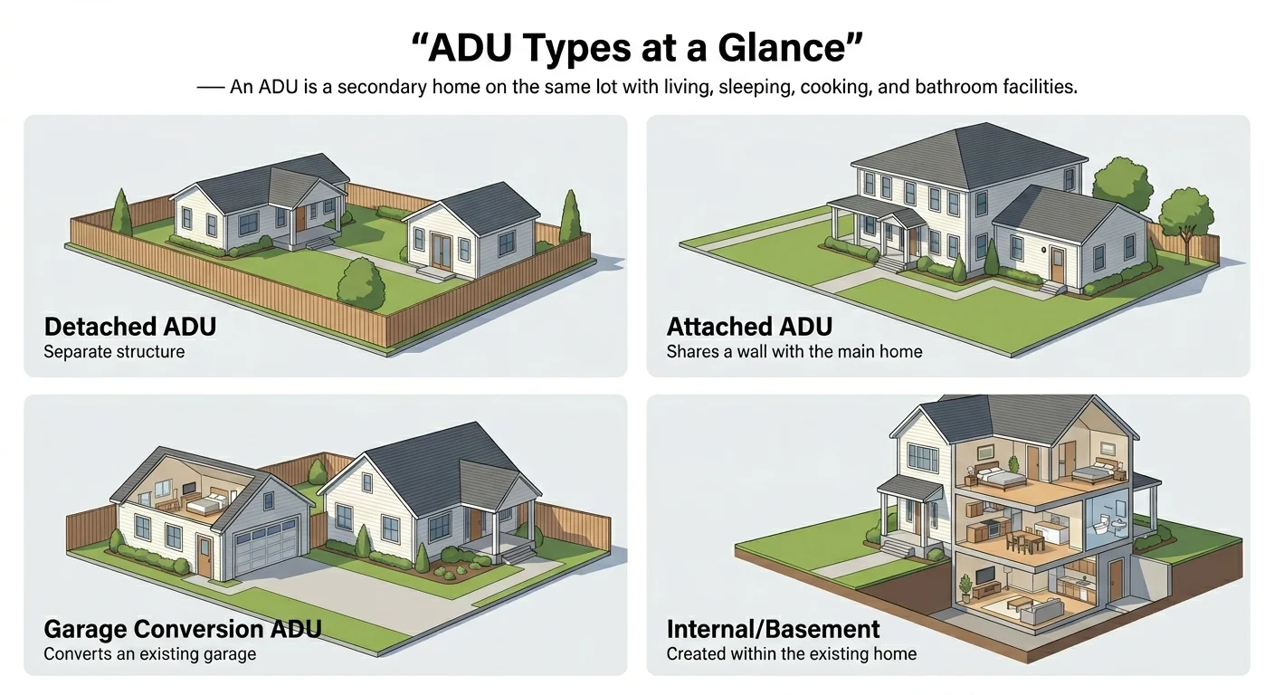 Infographic comparing the four main ADU types: detached ADU (separate structure in backyard), attached ADU (shares a wall with main home), garage conversion ADU (converts existing garage), and internal/basement ADU (created within existing home)