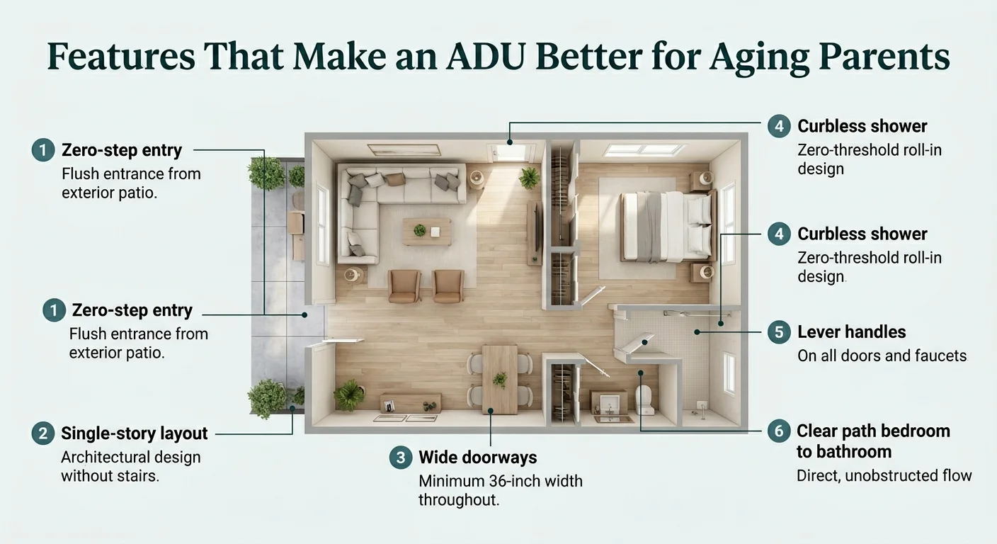 Infographic showing universal design features for an aging-parent ADU floor plan: zero-step entry, single-story layout, wide doorways (36-inch minimum), curbless shower with zero-threshold roll-in design, lever handles, and clear bedroom-to-bathroom path