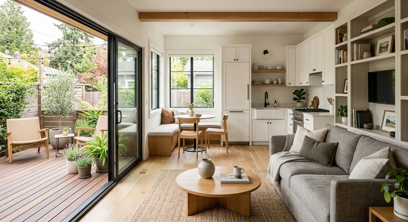Bright small ADU interior with open kitchen and living area, large windows, sliding glass door to outdoor deck, built-in shelving, and warm contemporary finishes — demonstrating how layout and design make a small space feel larger