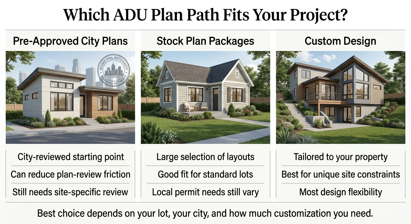 Infographic comparing three ADU plan paths: Pre-Approved City Plans (city-reviewed, reduces plan-review friction, still needs site-specific review), Stock Plan Packages (large selection of layouts, good fit for standard lots, local permit needs still vary), and Custom Design (tailored to your property, best for unique site constraints, most design flexibility)