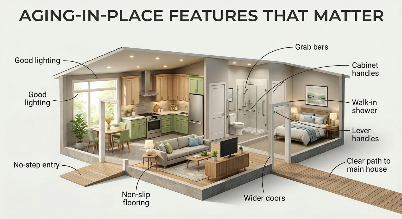 Infographic: Aging-in-Place Features That Matter — cutaway view of an ADU showing good lighting, no-step entry, non-slip flooring, wider doors, grab bars, walk-in shower, lever handles, cabinet handles, and clear path to main house