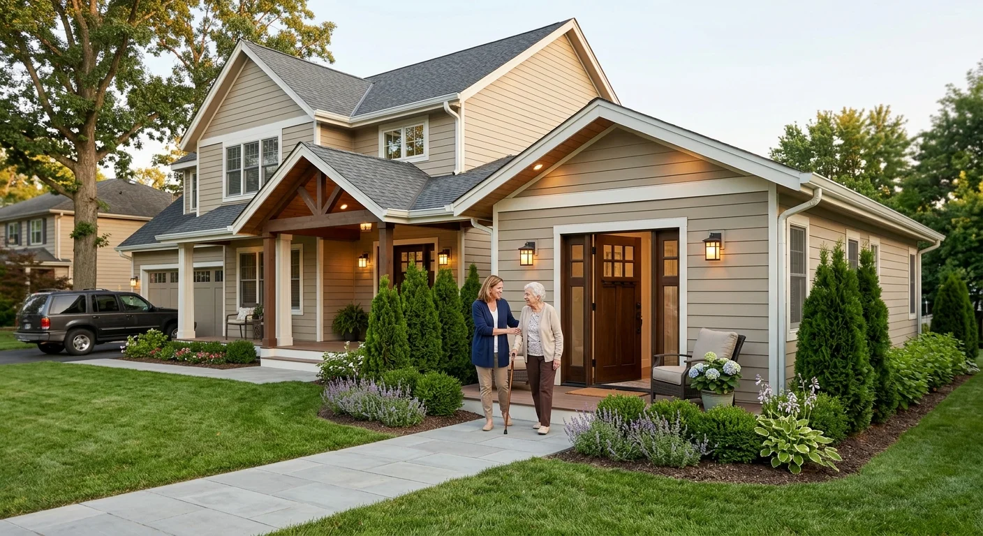 Adult daughter supporting elderly mother with a cane walking on a wide concrete path in front of an attached craftsman-style ADU with warm exterior lighting, manicured landscaping, and welcoming porch seating
