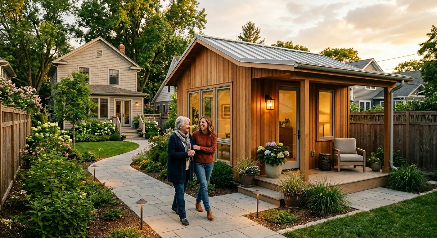 Adult daughter and elderly mother walking together at sunset on a stone path beside a cedar-sided backyard ADU with warm glowing interior, hydrangeas, and patio seating