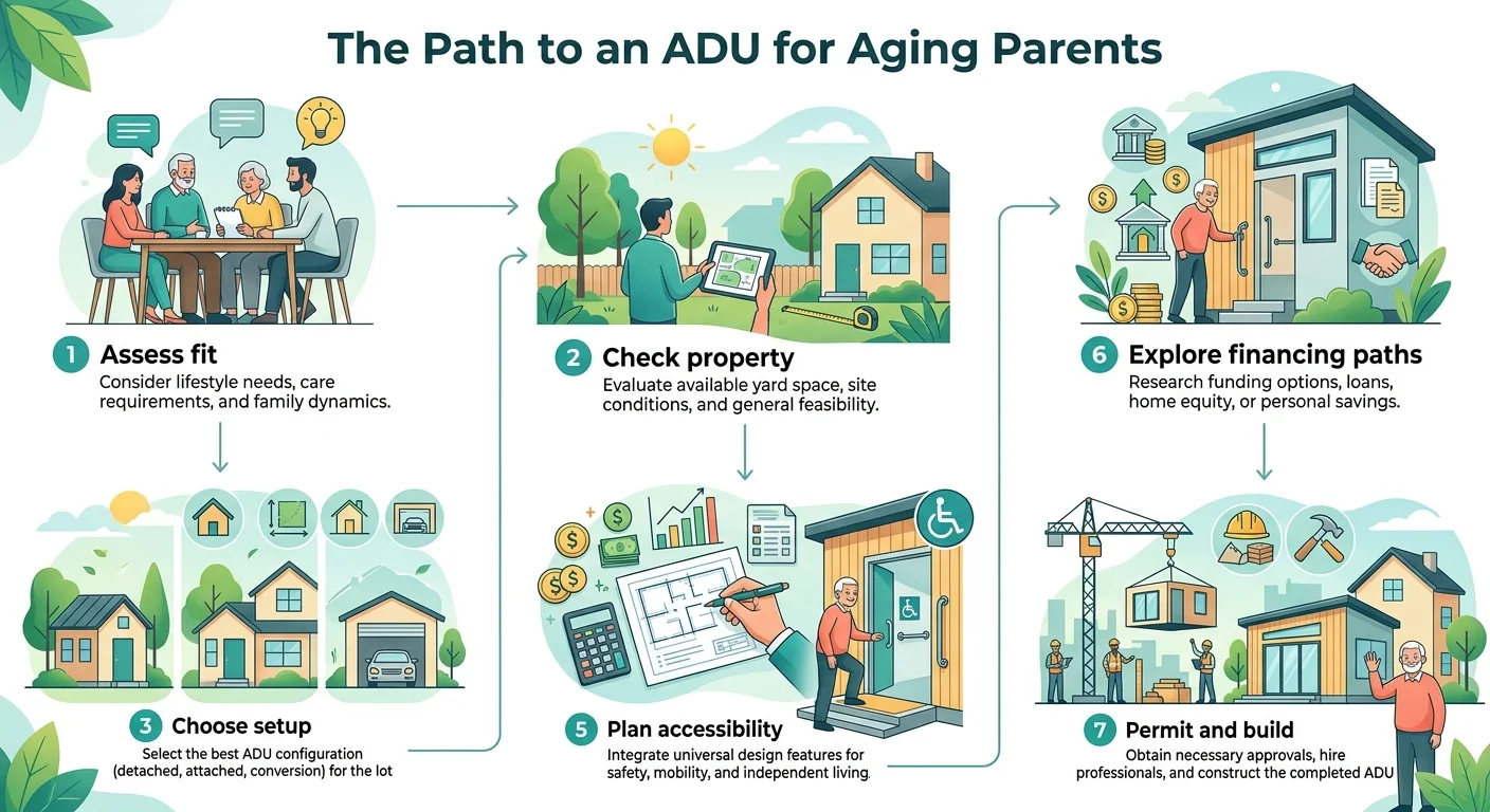 Infographic: The Path to an ADU for Aging Parents — 7 steps including assess fit, check property, choose setup, plan accessibility, explore financing paths, and permit and build