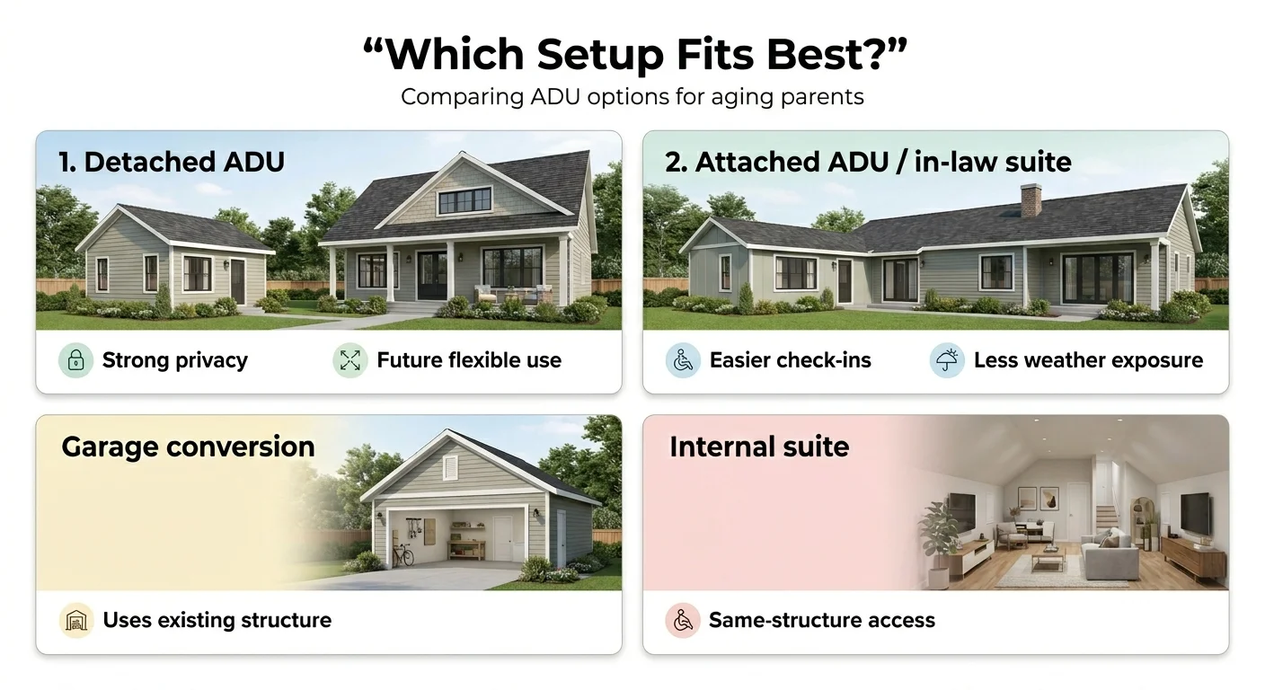 Infographic comparing four ADU setups for aging parents: Detached ADU (strong privacy, future flexibility), Attached ADU/in-law suite (easier check-ins, less weather exposure), Garage conversion (uses existing structure), and Internal suite (same-structure access)