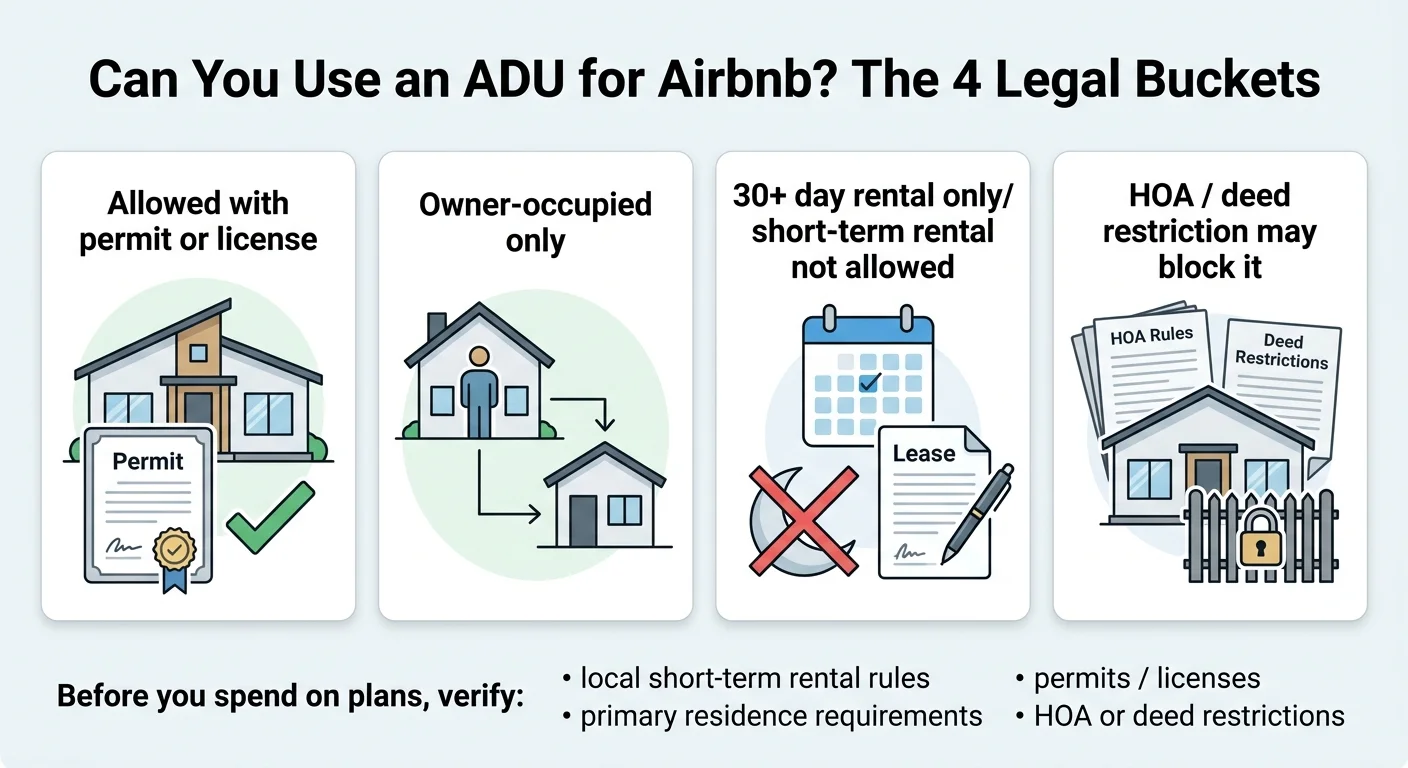 Infographic: Can You Use an ADU for Airbnb? The 4 Legal Buckets — showing four scenarios: Allowed with permit or license, Owner-occupied only, 30-plus day rental only or short-term rental not allowed, and HOA or deed restriction may block it. Bottom text: Before you spend on plans, verify local short-term rental rules, primary residence requirements, permits and licenses, and HOA or deed restrictions.