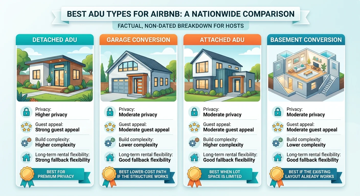 Infographic: Best ADU Types for Airbnb — A Nationwide Comparison. Four columns showing Detached ADU (higher privacy, strong guest appeal, higher complexity, strong fallback — best for premium privacy), Garage Conversion (moderate privacy, moderate guest appeal, lower complexity, good fallback — best lower-cost path), Attached ADU (moderate privacy, moderate guest appeal, higher complexity, good fallback — best when lot space is limited), and Basement Conversion (moderate privacy, moderate guest appeal, lower complexity, good fallback — best if existing layout works).