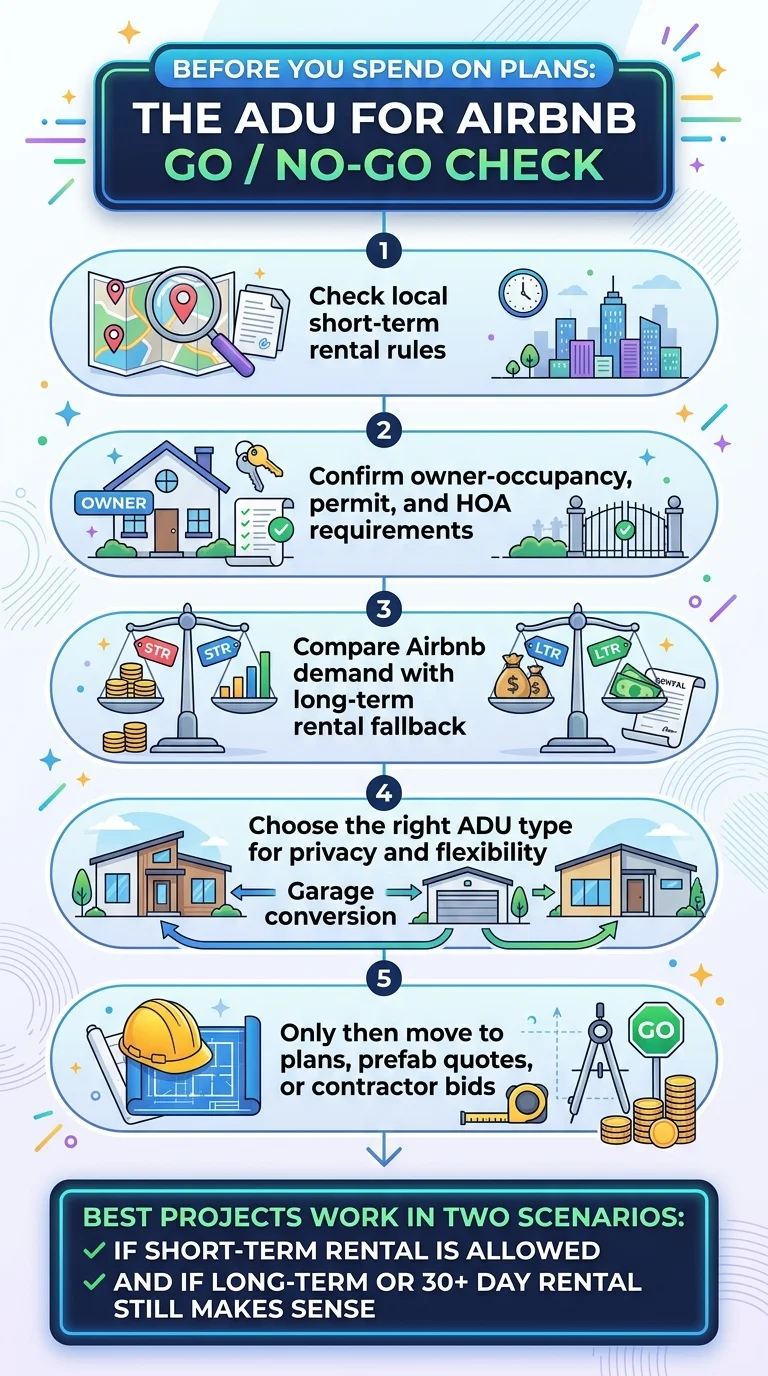 Infographic: The ADU for Airbnb Go / No-Go Check — 5 steps before spending on plans: Step 1 Check local short-term rental rules, Step 2 Confirm owner-occupancy, permit, and HOA requirements, Step 3 Compare Airbnb demand with long-term rental fallback, Step 4 Choose the right ADU type for privacy and flexibility, Step 5 Only then move to plans, prefab quotes, or contractor bids. Bottom: Best projects work in two scenarios — if short-term rental is allowed AND if long-term or 30-plus day rental still makes sense.