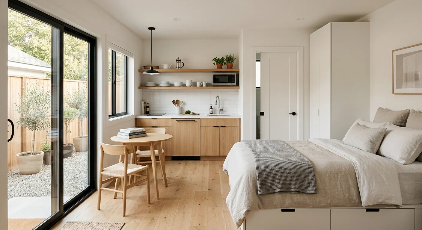 Well-designed ADU studio interior with natural oak cabinetry kitchenette, round dining table, quality linen bedding, hardwood floors, large sliding glass door to private garden patio — the layout and finishes that earn 5-star Airbnb reviews