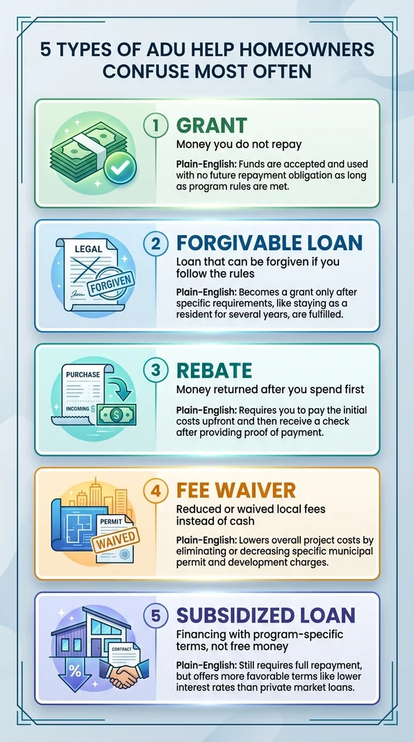 5 types of ADU help homeowners confuse most often: grant (no repayment), forgivable loan (conditional), rebate (reimbursement after payment), fee waiver (reduced permit costs), and subsidized loan (below-market financing)